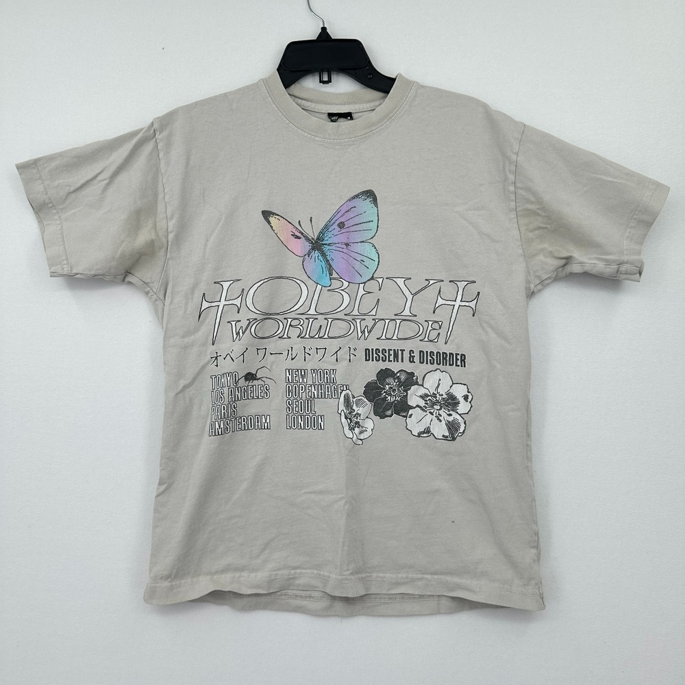 Obey T-Shirt Butterfly Graphic Print‎ Mens Size S Gray Cream Streetwear Grunge